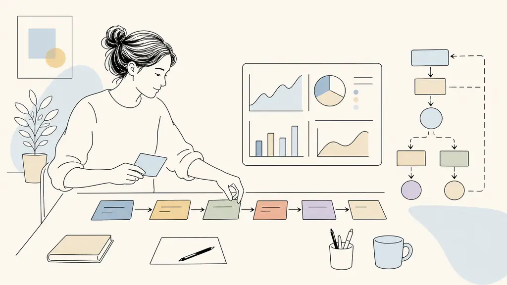 marketing learner mapping a customer journey with colored cards beside an analytics dashboard and a sketched email automation workflow, editorial photography, no text, no logo