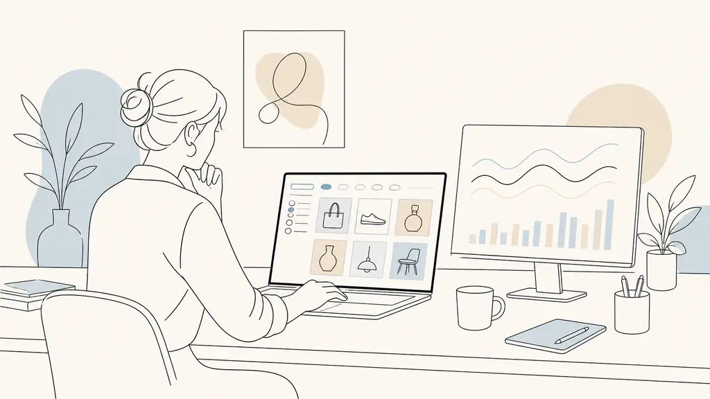 E-commerce manager reviewing a product grid with category filters on a laptop, beside a second screen displaying an unlabeled analytics chart, editorial photography, no text, no logo