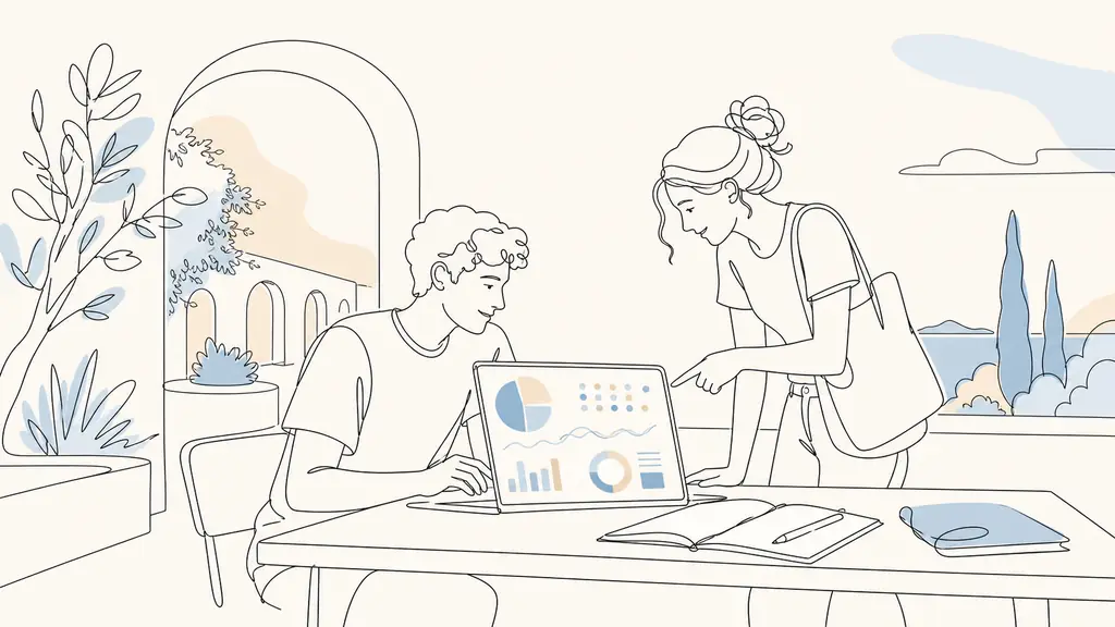 A student on a Toulon campus reviewing a digital campaign dashboard on a laptop with a notebook open beside it, another student discussing the analytics results, Mediterranean daylight, no text, no logo