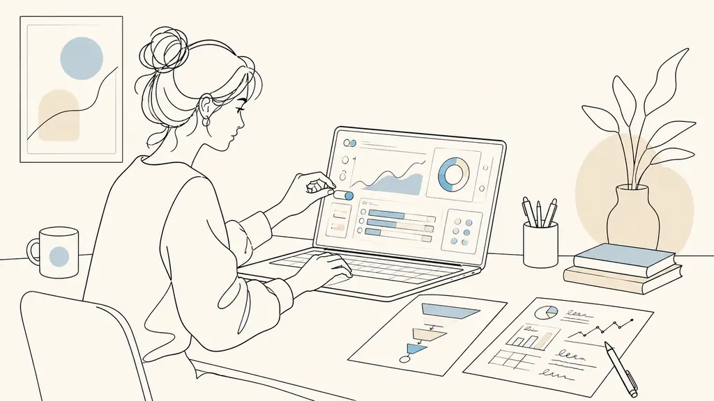 A marketing student adjusting a Google Ads campaign on a laptop beside a printed conversion funnel and a handwritten ROI reporting sheet, editorial photography, no text, no logo