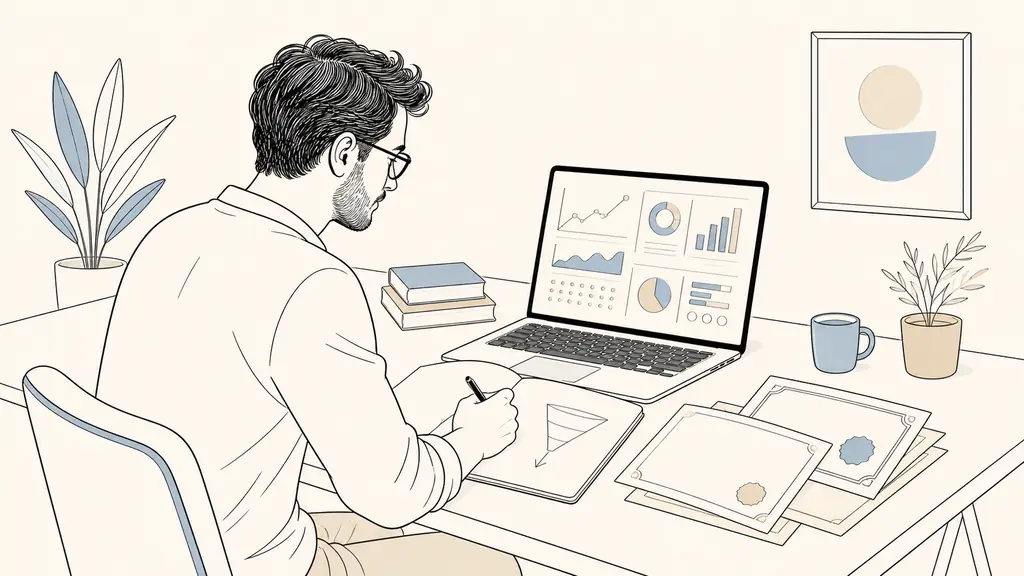 adult career changer studying at a desk, laptop displaying an unlabeled campaign analytics dashboard, notebook with a hand-drawn conversion funnel, training certificates beside the keyboard, editorial photography, no text, no logos