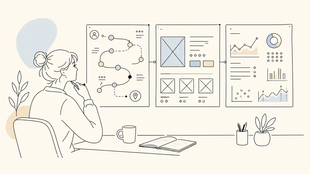 marketing student reviewing a customer journey map beside an e-commerce product page mockup and a handwritten KPI dashboard, editorial photography, no text, no logos