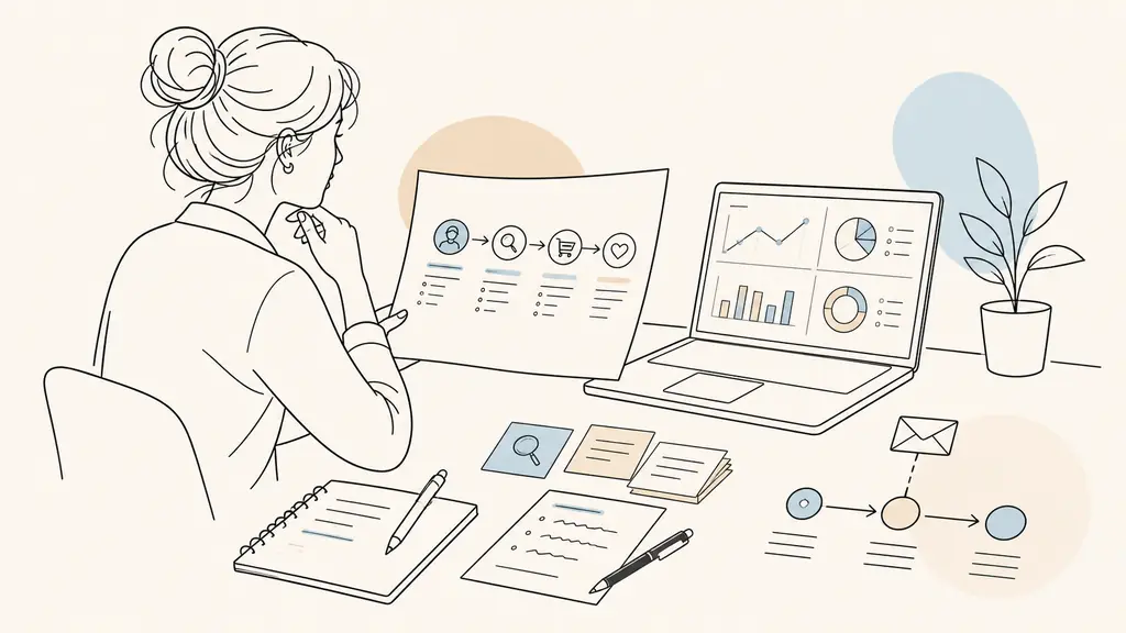 Marketing learner at a desk comparing a customer journey diagram with Google Analytics dashboards on a laptop and notes about SEO and email campaigns