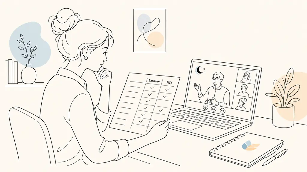Professional comparing a printed Bachelor and MSc course table beside a laptop showing a remote evening class, with a company training notebook on the desk