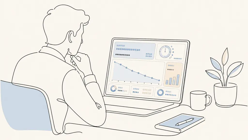 Editorial photograph of a website analyst reviewing a traffic dashboard showing 1.78 million June visits, a downward monthly curve, and a 6 minute 21 second session duration on a laptop, no text or logos