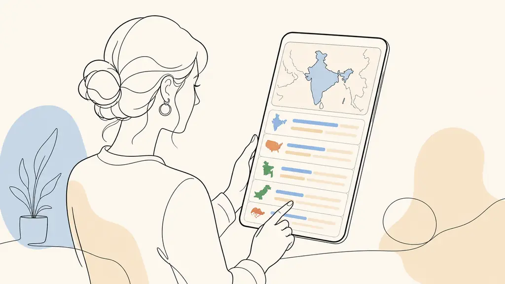 Editorial photograph of a woman viewing a mobile traffic analytics dashboard with India highlighted on a map and country rows for the United States, Bangladesh, Pakistan and Singapore, no text or logos