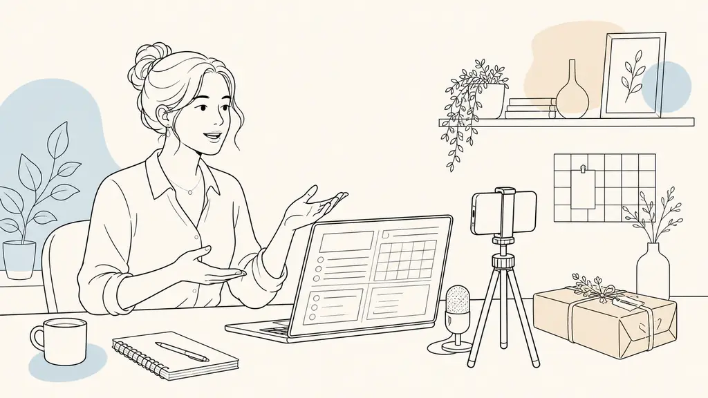 A local business consultant recording an online course at a tidy home-office desk, with a printable exercise planner displayed on a laptop and a small dried-flower parcel ready for shipping, natural editorial photography, no text, no logo