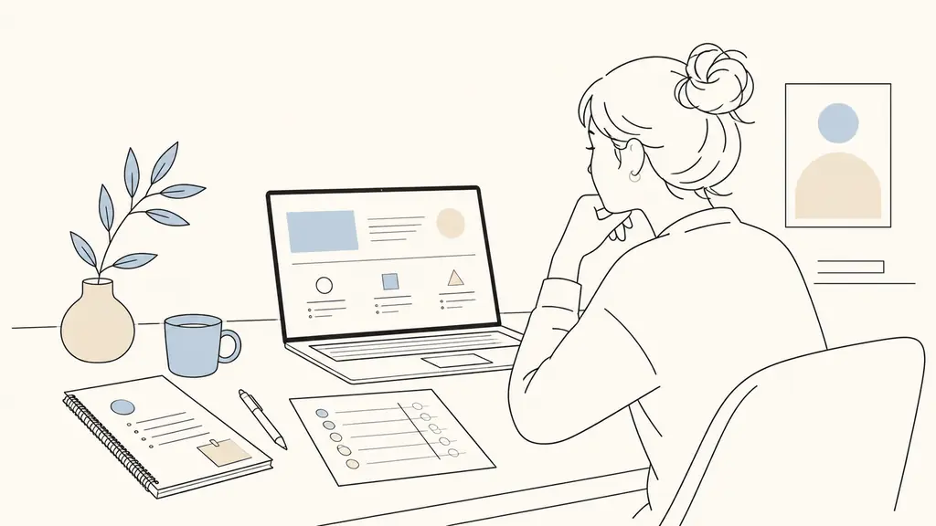 An independent consultant reviewing a minimal service offer on a laptop beside customer interview notes and a simple response tracking sheet, natural editorial photography, no text, no logo