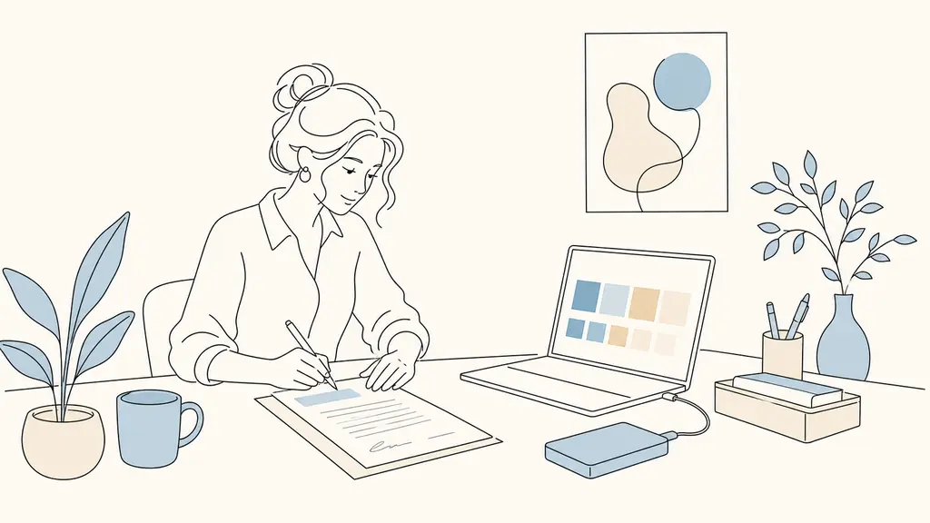 Editorial photograph of a small business owner reviewing a rental contract beside a laptop displaying a custom website color palette, with an external backup drive on the desk, no readable text, no logos