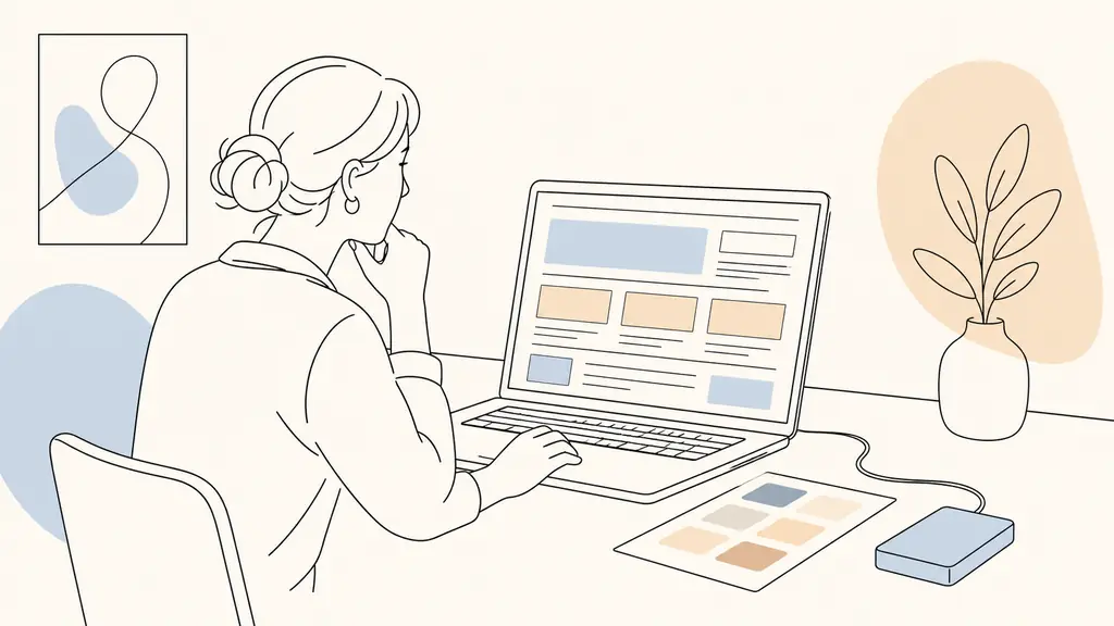 Editorial photograph of a small business owner reviewing a website page mockup on a laptop, with a color palette card and an external backup drive on the desk, no readable text, no logos