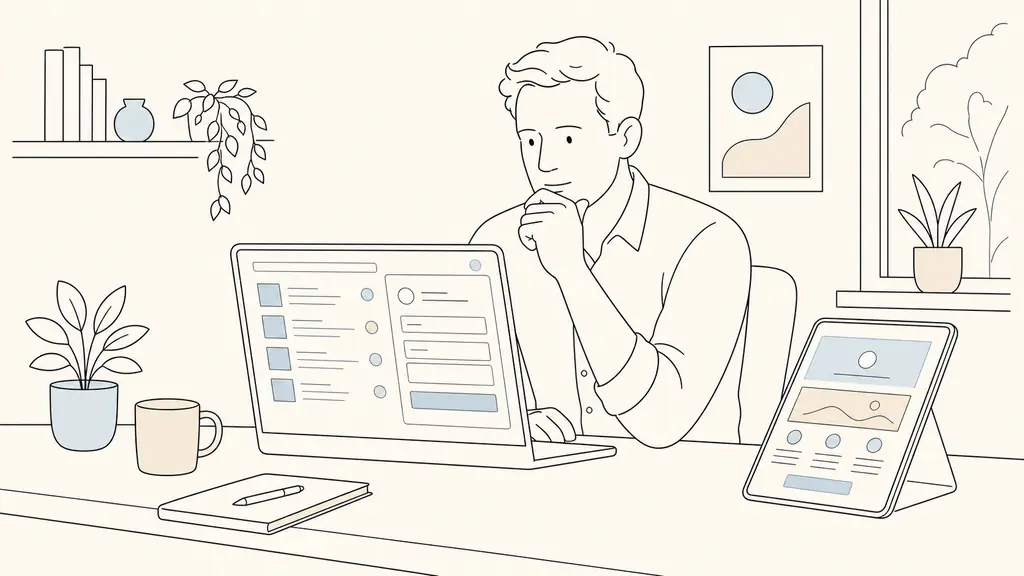 A local service business owner reviewing a Google search results page and a new contact form inquiry on a laptop, with an email newsletter draft open on a nearby tablet, natural office setting, no text, no logos
