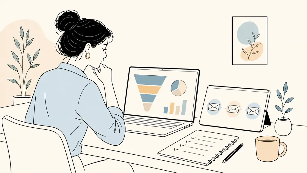 Small business owner reviewing a lead conversion funnel with colored charts on a laptop, an automated email sequence open beside a handwritten customer retention checklist, editorial photography, no readable text, no logo