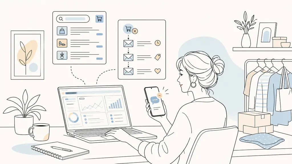 Small business owner checking a Google search campaign on a laptop, reviewing an abandoned-cart email sequence and holding a smartphone with an SMS notification, editorial photography, no readable text, no logo