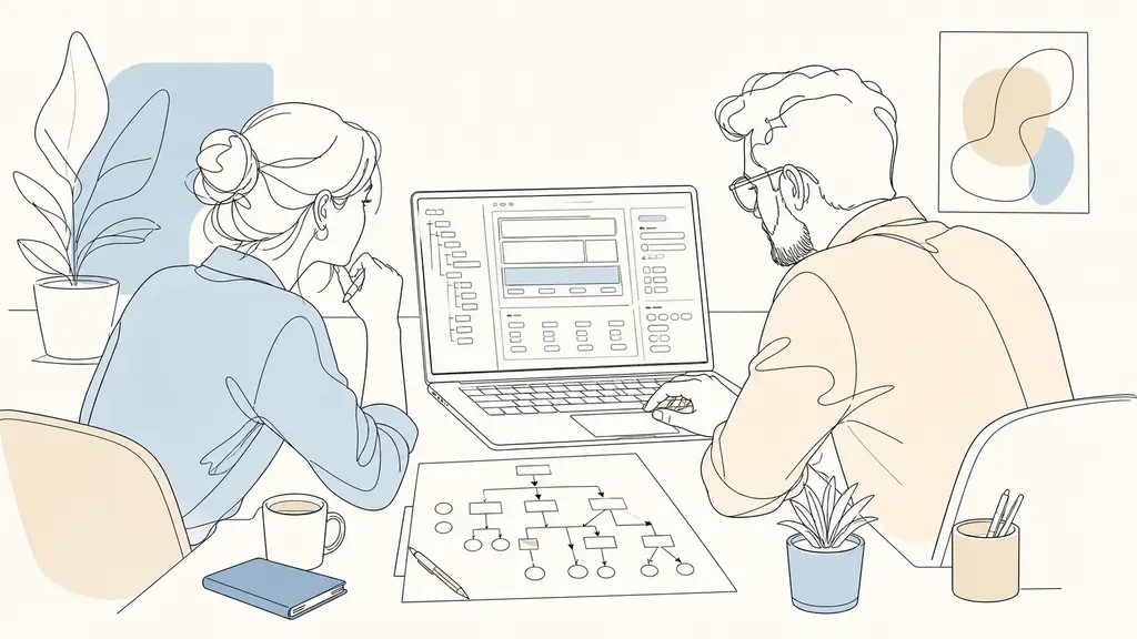 SEO consultant and web developer reviewing a laptop DOM inspector showing footer navigation and faceted filter controls, with a handwritten site architecture diagram beside the keyboard, editorial photography, no visible text, no logos