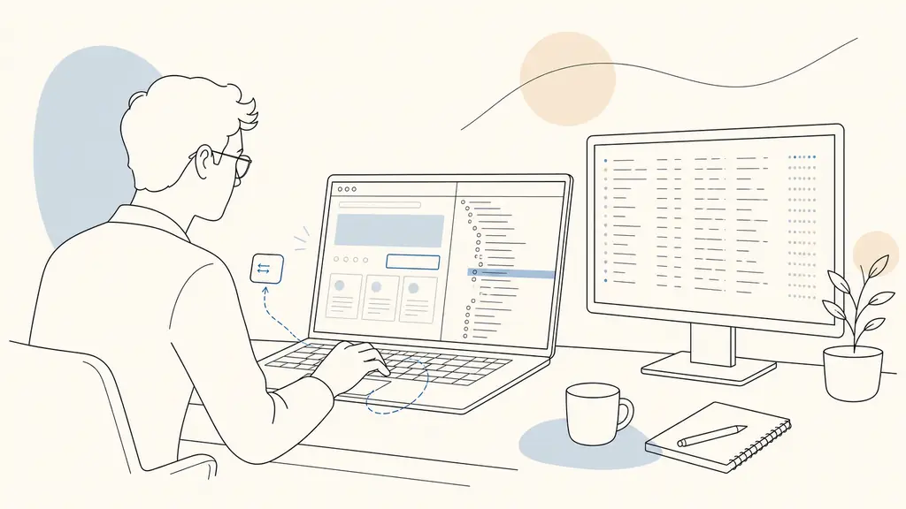 Web developer testing keyboard navigation on a laptop while a browser DOM inspector highlights a dedicated CSS class and a second monitor displays server crawl logs, editorial photography, no visible text, no logos
