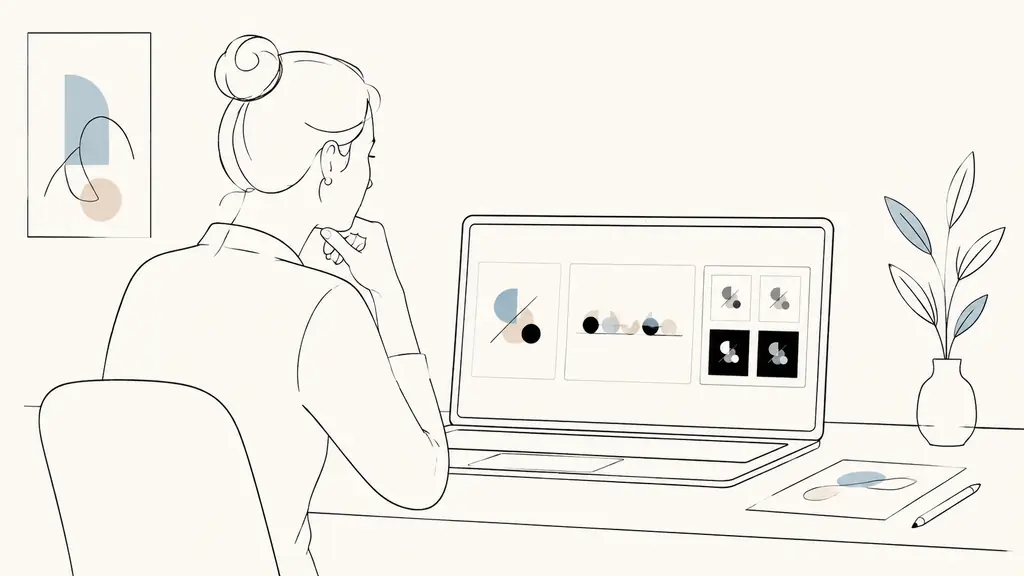 Graphic designer comparing three clean export thumbnails on a laptop, including a standalone geometric symbol, a horizontal signature layout and monochrome versions on light and dark backgrounds, editorial office photography, no readable text, no logos