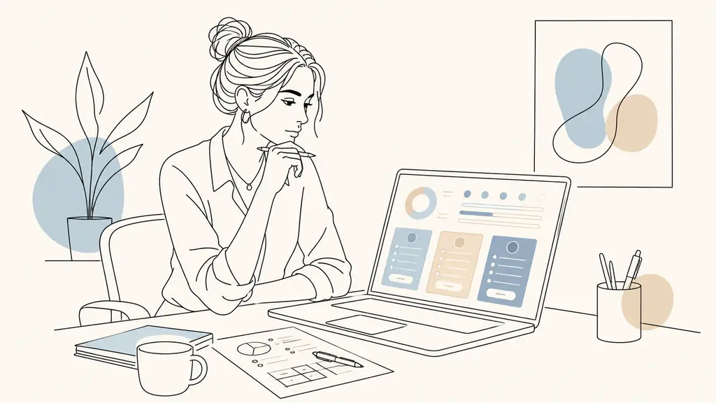 Marketing manager reviewing AI token usage credits and subscription tiers on a laptop beside a handwritten cost projection sheet, realistic office photography, no visible text or logos
