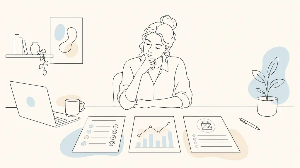 Small business owner comparing a fixed subscription sheet, an AI credit usage chart and annual contract terms at a desk, realistic editorial photography, no visible text or logos