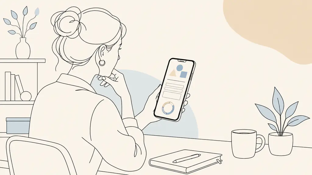 Small business owner reviewing a mobile maintenance page showing a branded logo, contact form and countdown timer, editorial photography, no text, no logo