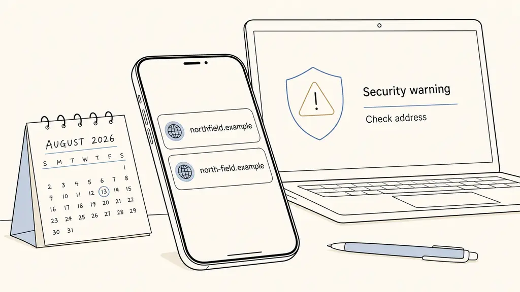 Close-up editorial photograph of a smartphone displaying two conflicting domain names, beside a handwritten August 2026 calendar and a laptop showing a browser security warning, no visible logos or branding
