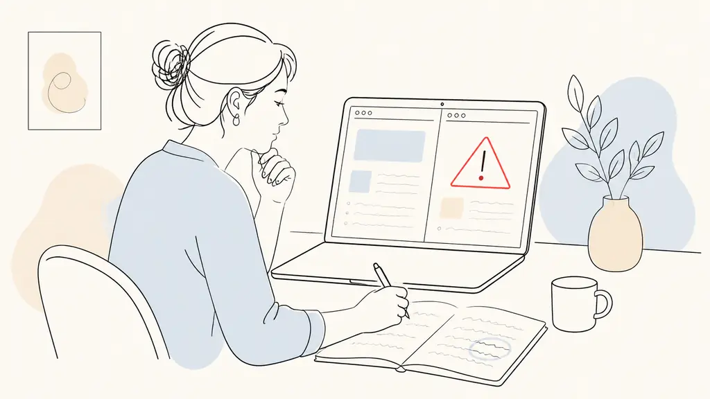 Editorial photograph of a woman comparing two open browser tabs on a laptop, checking a handwritten date of August 14, 2026 in a notebook, with a textless red security warning symbol visible on screen, no logos, no readable text