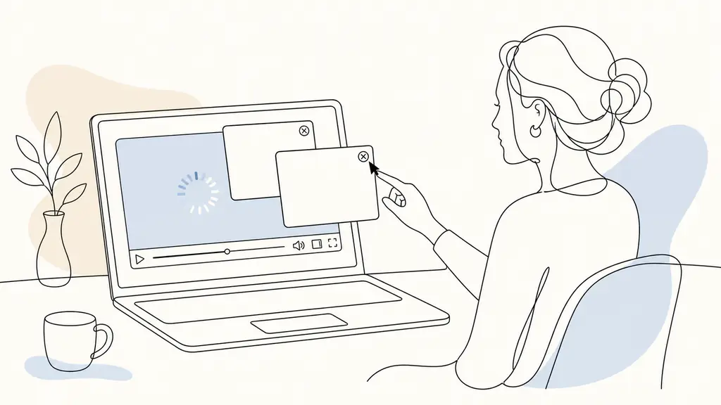 Editorial photograph of a laptop showing a textless external video player with a buffering symbol and two overlapping pop-up windows, while a woman moves the cursor toward the close button, no text, no logos