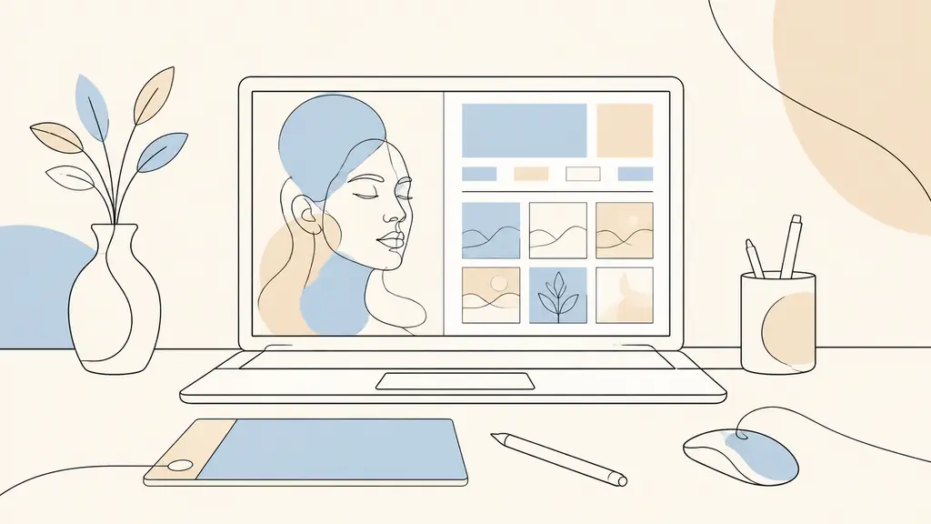 Editorial photograph of a laptop displaying a layered portrait cutout beside a resized social media visual, with a mouse and graphics tablet on a tidy desk, no visible text or logos