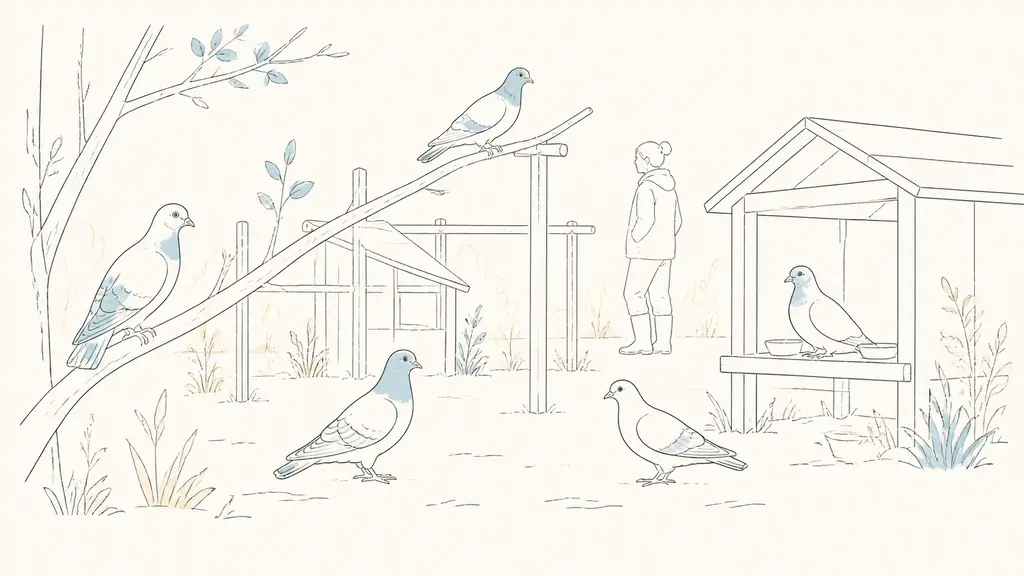 documentary photograph of pigeons being quietly observed inside the protected grounds of La Tuilerie refuge, with wooden shelters and natural perches, no text or logo