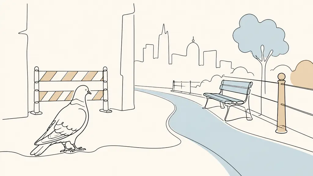documentary photograph of a pigeon pausing before a blocked urban passage, observing an alternative route beside a bench and street barrier, no text or logo