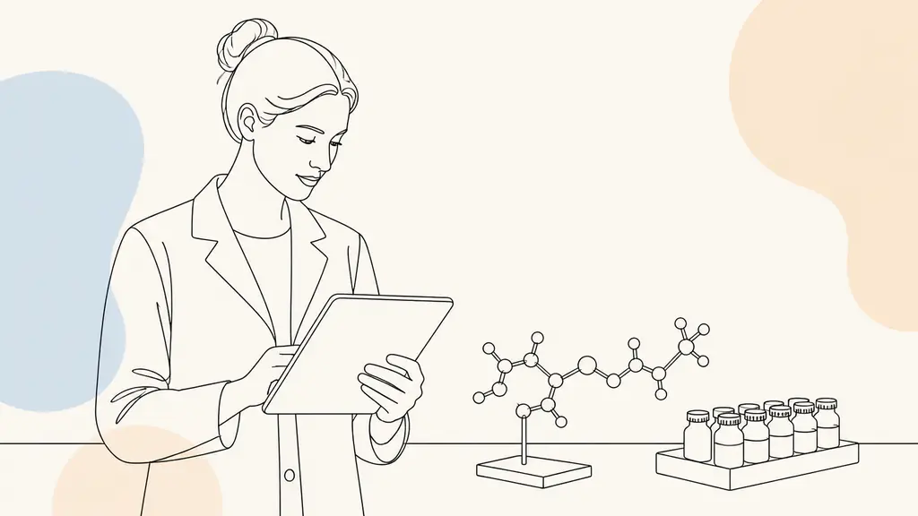 Editorial laboratory photograph of a researcher holding an unbranded white tablet beside a vitamin A molecular model and a diagram-free sample tray, no text, no logo