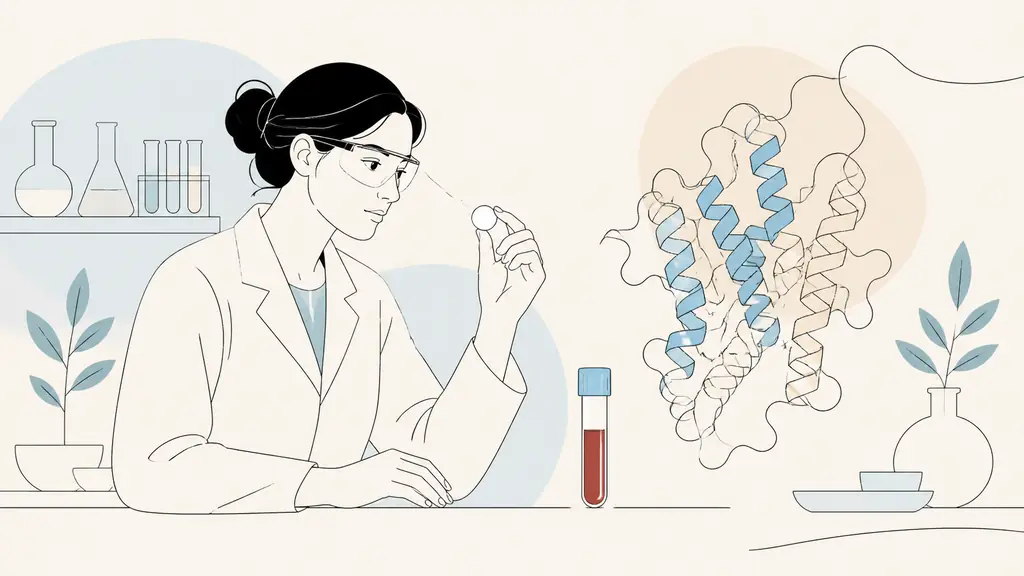 Editorial laboratory photograph of a researcher examining an unbranded white tablet beside a blood sample vial and a vitamin A receptor molecular model, no text, no logo