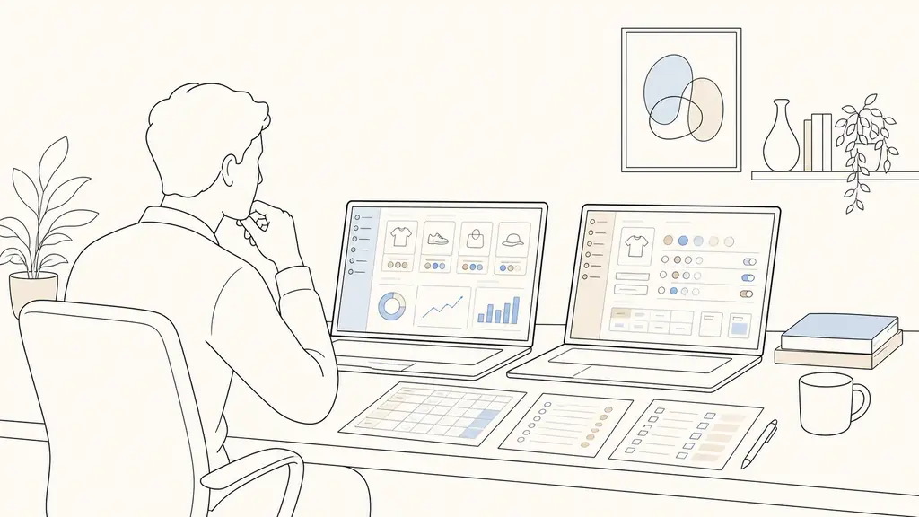 ecommerce manager at a desk comparing two laptop admin dashboards, with product variation swatches and printed stock sheets beside the keyboard, editorial photography, no text, no logos