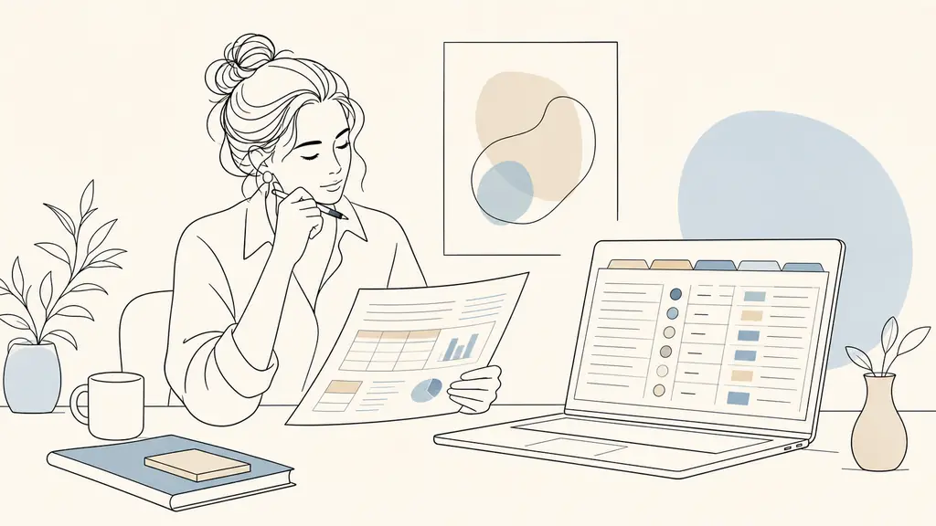 small business owner reviewing a printed two-year website budget beside a laptop showing a product variants table, with B2B pricing notes and multilingual catalogue tabs visible, editorial photography, no text, no logos