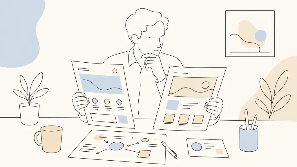 Editorial photograph of a business owner comparing two homepage printouts side by side, with an annotated product sheet and a client feedback card on the desk, no readable text, no logo