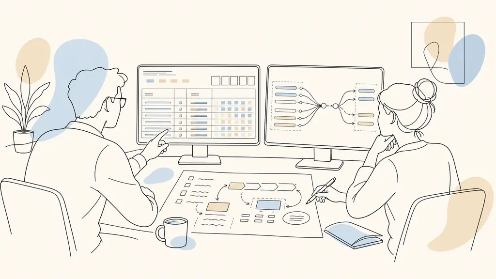 SEO specialists reviewing an e-commerce crawl report and a URL migration map on two computer screens, with a handwritten priority roadmap on the desk, editorial photography, no visible text or logos