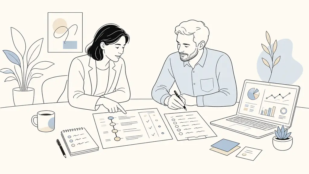 SEO consultant and small business owner reviewing a prioritized roadmap, conversion dashboard and handwritten task assignments at a meeting table, editorial photography, no visible text or logos