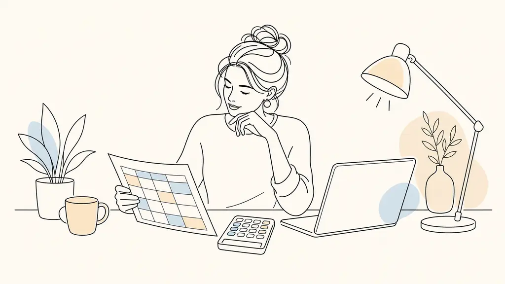 Small business owner at a desk comparing an editorial calendar on paper with an advertising budget calculator beside an open laptop, editorial photography, no visible text or logos