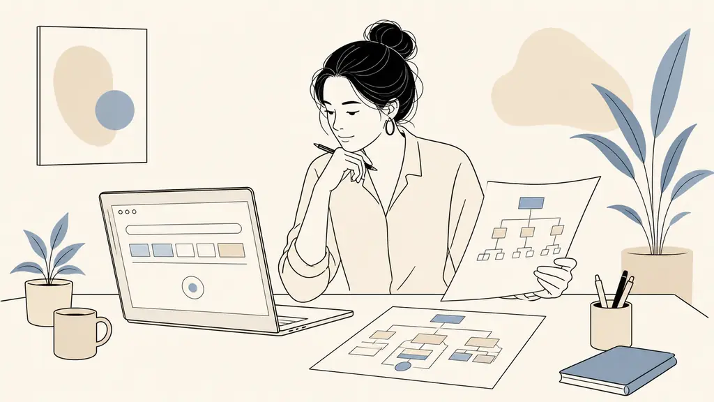 Business owner checking a site colon domain search on a laptop while reviewing a printed XML sitemap and website page diagram, editorial photography, no visible text or logos