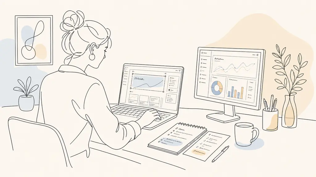 Small business owner editing an H1 in a WordPress dashboard on a laptop, with Google Search Console open on a second screen and handwritten keyword notes beside the keyboard, editorial photography, no text, no logo