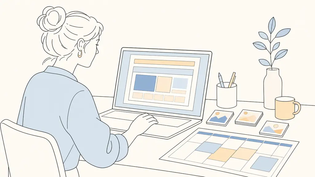 Web editor reviewing a color-coded page hierarchy on a laptop beside compressed image thumbnails and a paper editorial calendar with blank colored cards, editorial photography, no readable text, no logo