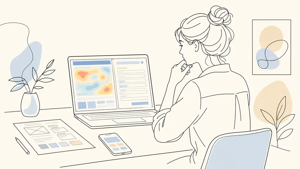 Small business owner reviewing a website heatmap and a long appointment form on a laptop, with a paper wireframe and smartphone beside her, editorial photography, blurred unreadable interface, no text, no logo