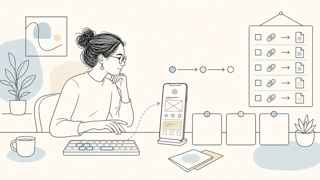 UX designer and small business owner prioritizing feature cards beside an interactive mobile prototype, with accessibility keyboard testing and a URL migration checklist visible, editorial photography, no text, no logo