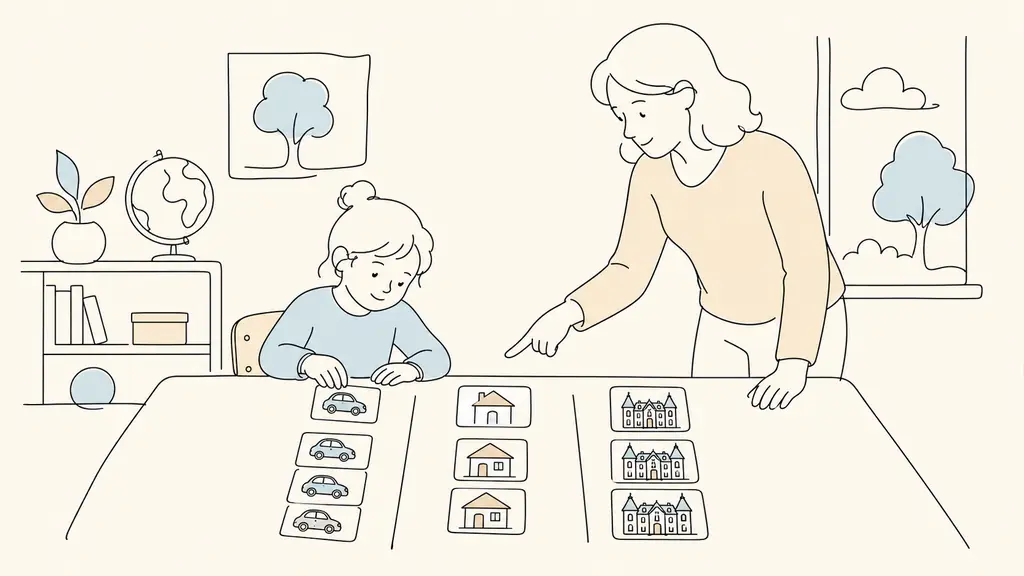 French primary school pupil sorting cards showing a car, a house and a stately residence into three columns on a classroom desk, with a teacher pointing to the groups, no visible text or logos