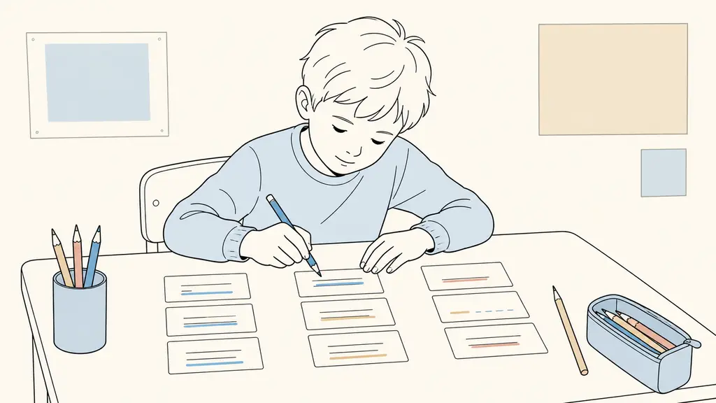 French CE2 pupil sorting three sets of sentence cards into columns, using colored pencils to underline vocabulary and a missing negation, classroom desk, editorial photography, no visible text or logos