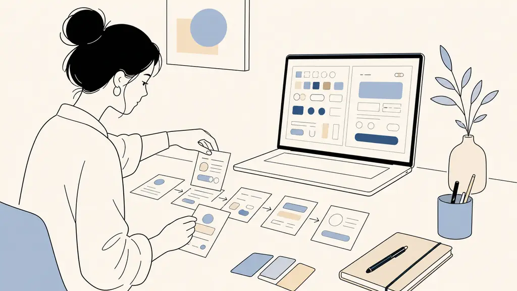 UX designer arranging printed user journey cards beside a laptop displaying a color component library and a clickable checkout prototype, editorial photography, no text, no logo