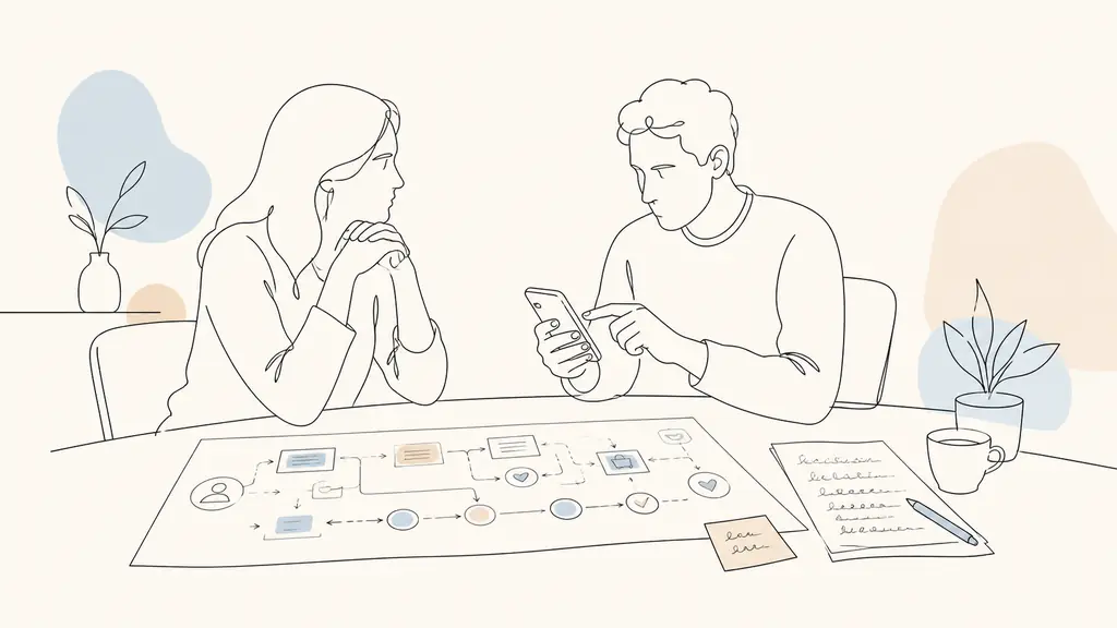 UX designer observing a participant testing a checkout prototype on a smartphone, with a printed user journey map and handwritten feedback notes on the desk, editorial photography, no text, no logo