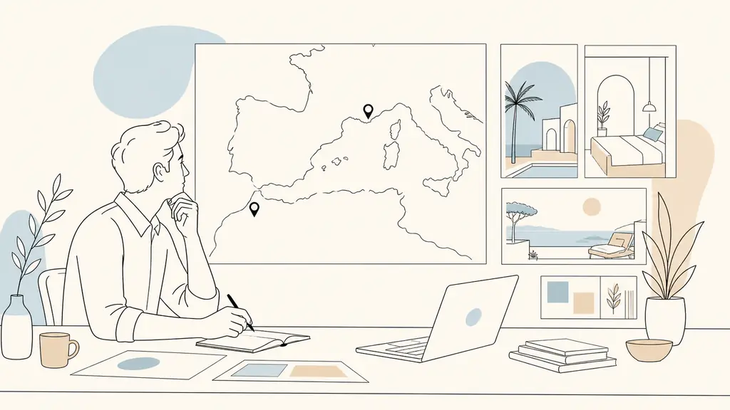 Editorial photograph of a marketing consultant comparing a map marked at Marrakech and Monaco beside hotel campaign mockups and an open laptop, natural office light, no visible text or logos