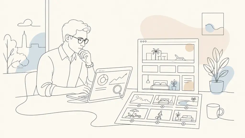 Editorial photograph of a consultant reviewing an SEO audit on a laptop beside a hotel website mockup and motion design storyboard, natural office light, no visible text or logos
