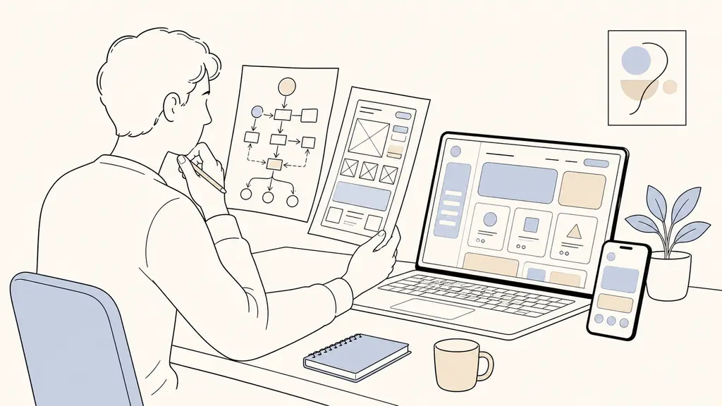 Editorial photograph of a designer comparing a hand-drawn user flow and wireframe beside a laptop displaying a polished responsive interface with clearly differentiated buttons, no visible text or logos