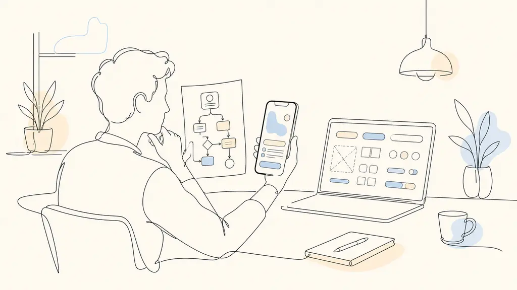 Web designer at a desk comparing a hand-drawn user flow, a mobile high-fidelity mockup, and a component library on a laptop, natural office light, no visible text or logos